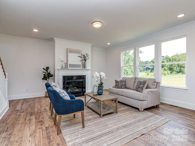 320 Triple Ponds Ct, Clover, SC 29710 - living room with ornamental molding, baseboards, stairway, a glass covered fireplace, and wood finished floors