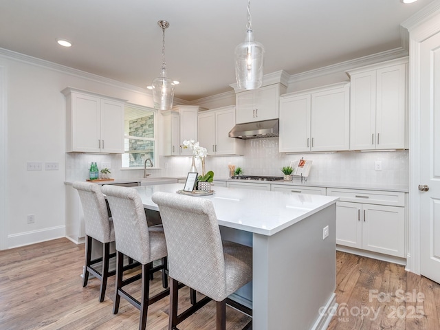 320 Triple Ponds Ct, Clover, SC 29710 - kitchen with a center island, a breakfast bar area, white cabinets, under cabinet range hood, and ornamental molding