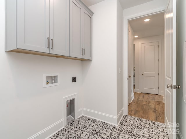 320 Triple Ponds Ct, Clover, SC 29710 - laundry room with hookup for an electric dryer, cabinet space, hookup for a washing machine, baseboards, and recessed lighting