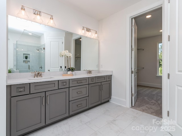 320 Triple Ponds Ct, Clover, SC 29710 - full bathroom featuring double vanity, a stall shower, baseboards, marble look tiles, and recessed lighting