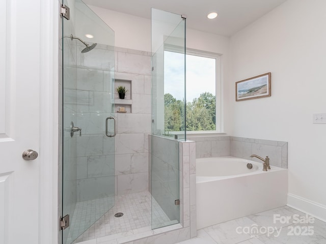 320 Triple Ponds Ct, Clover, SC 29710 - full bathroom with a garden tub, a stall shower, baseboards, recessed lighting, and marble finish floors