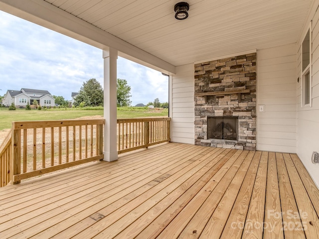 320 Triple Ponds Ct, Clover, SC 29710 - wooden terrace featuring an outdoor stone fireplace and a yard