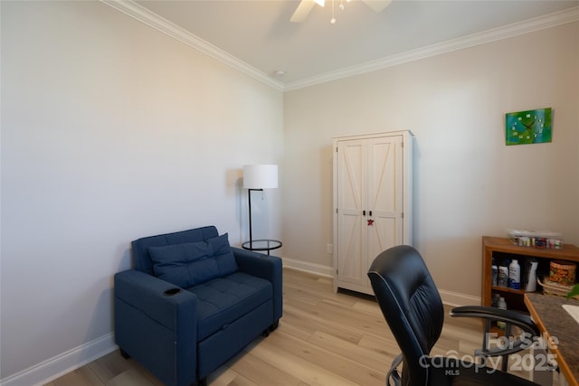 office area with ceiling fan, light hardwood / wood-style floors, and ornamental molding