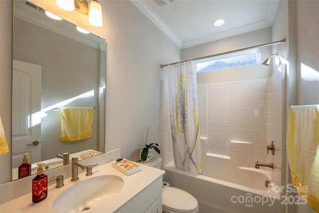 full bathroom with shower / bath combo, toilet, crown molding, and vanity