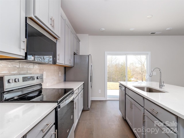 kitchen featuring gray cabinetry, sink, tasteful backsplash, wood-type flooring, and appliances with stainless steel finishes