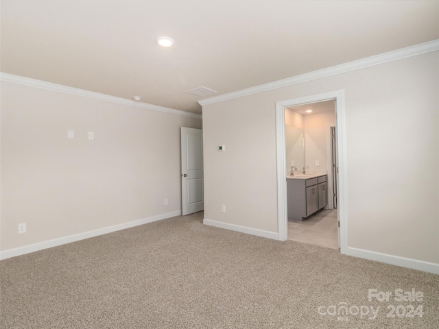 carpeted empty room with crown molding and sink