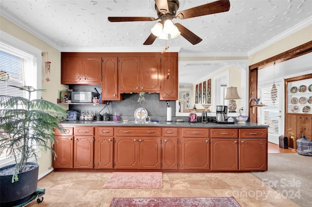 kitchen with tasteful backsplash, ornamental molding, and sink