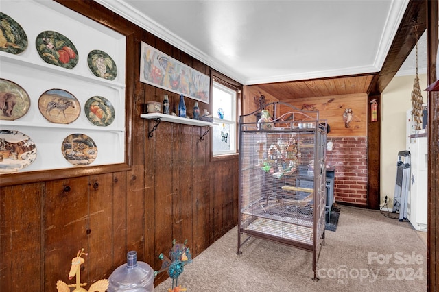 interior space with ornamental molding, light carpet, and wooden walls