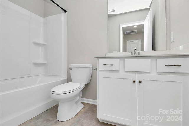 full bathroom featuring bathtub / shower combination, vanity, and toilet