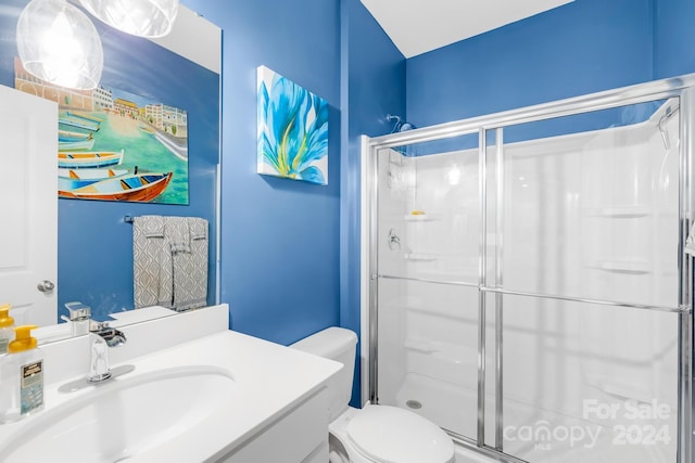 bathroom featuring vanity, an enclosed shower, and toilet