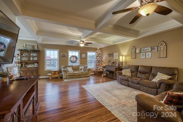 living room featuring beam ceiling, dark hardwood / wood-style floors, crown molding, and coffered ceiling