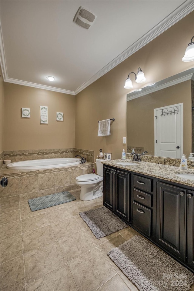 bathroom featuring tile patterned floors, tiled bath, vanity, and ornamental molding