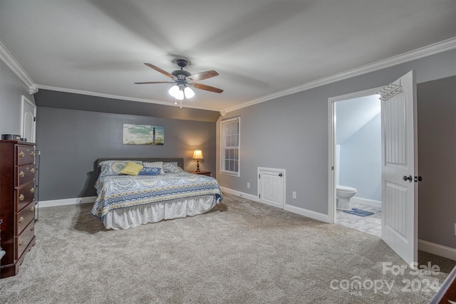 bedroom with connected bathroom, ceiling fan, light colored carpet, and ornamental molding