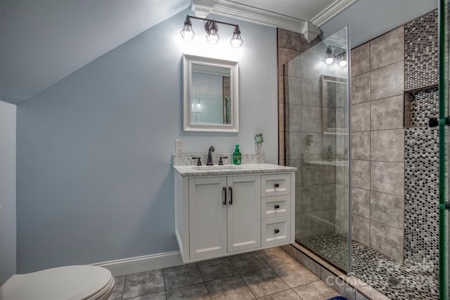 bathroom with tile patterned flooring, tiled shower, toilet, and crown molding