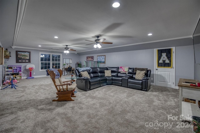 living room with ceiling fan, carpet, and ornamental molding