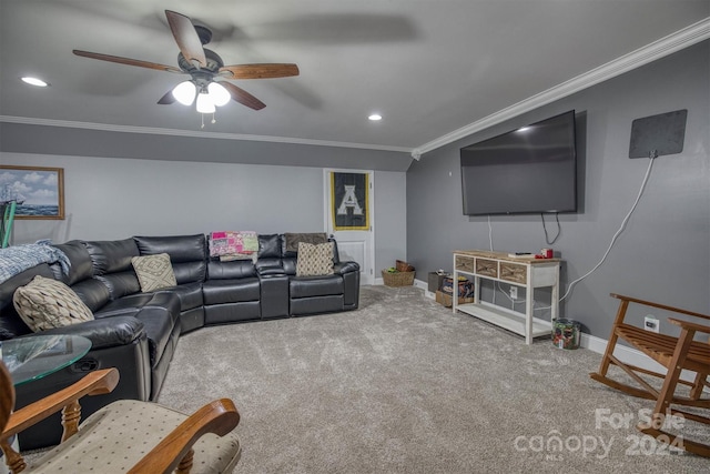 living room featuring ceiling fan, light colored carpet, and ornamental molding