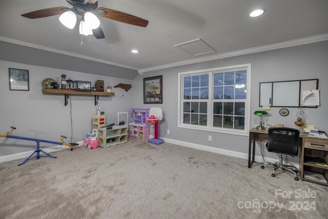 playroom featuring light colored carpet, ceiling fan, and crown molding