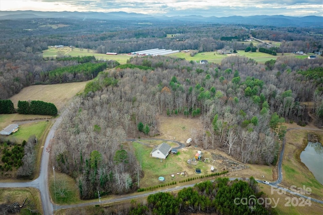 birds eye view of property featuring a mountain view and a rural view