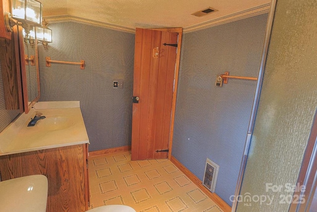 bathroom with vanity, toilet, and a textured ceiling