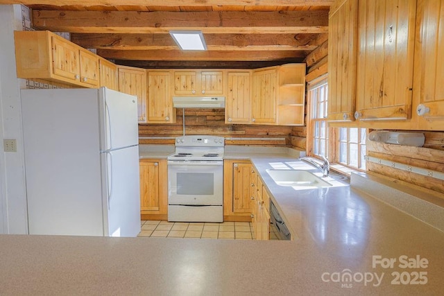 kitchen featuring sink, white appliances, light tile patterned floors, light brown cabinetry, and beamed ceiling