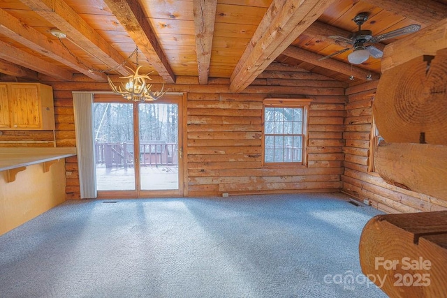 interior space with wood ceiling, log walls, carpet floors, and beamed ceiling