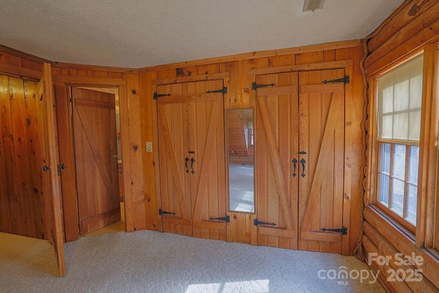 interior space featuring carpet, a textured ceiling, and wood walls