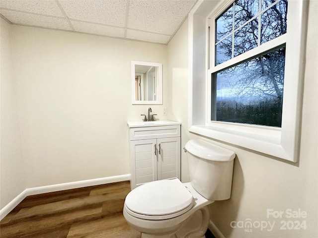 bathroom featuring vanity, wood-type flooring, a paneled ceiling, and toilet