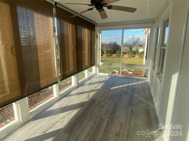 unfurnished sunroom with ceiling fan