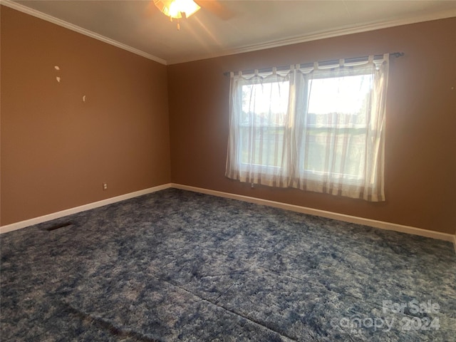 spare room featuring carpet floors, ceiling fan, and ornamental molding