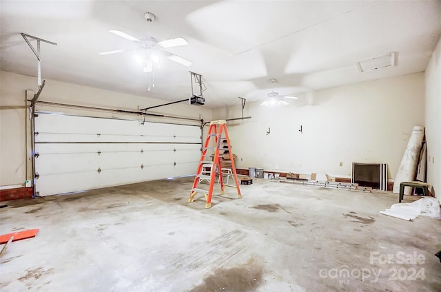 garage with a garage door opener and ceiling fan