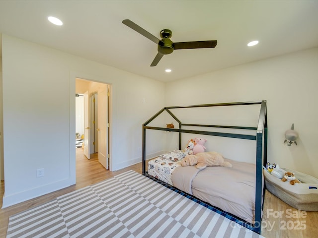 bedroom with recessed lighting, a ceiling fan, baseboards, and wood finished floors