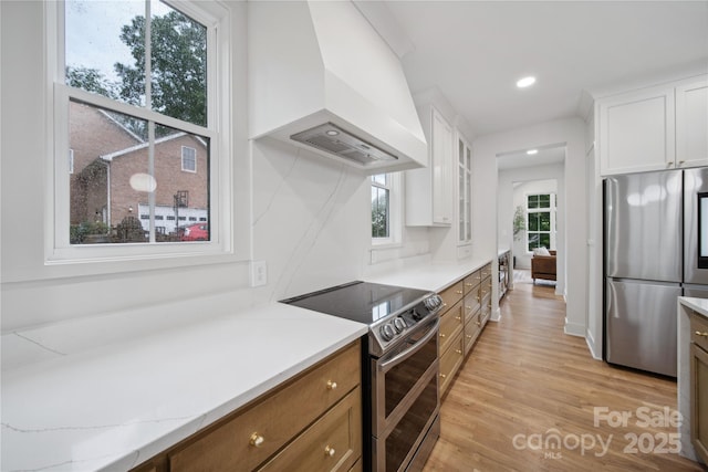 kitchen featuring white cabinetry, stainless steel appliances, light hardwood / wood-style floors, custom range hood, and a healthy amount of sunlight