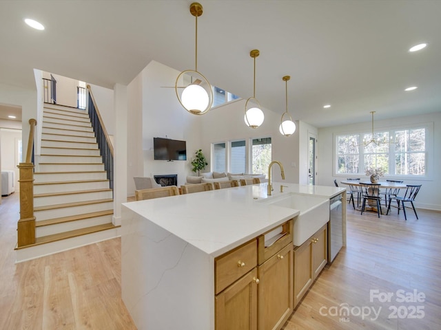 kitchen with a sink, light wood-type flooring, stainless steel dishwasher, and a wealth of natural light