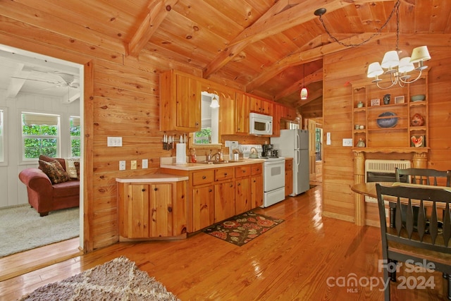 kitchen with wooden ceiling, light hardwood / wood-style flooring, pendant lighting, and white appliances