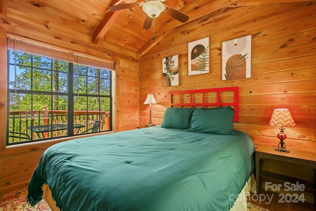 bedroom featuring vaulted ceiling with beams, ceiling fan, wood ceiling, and wood walls