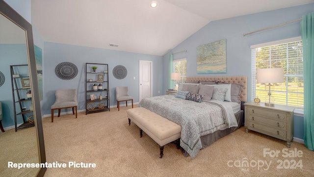 carpeted bedroom featuring lofted ceiling