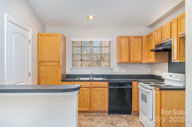 kitchen with sink, dishwasher, vaulted ceiling, and white electric stove