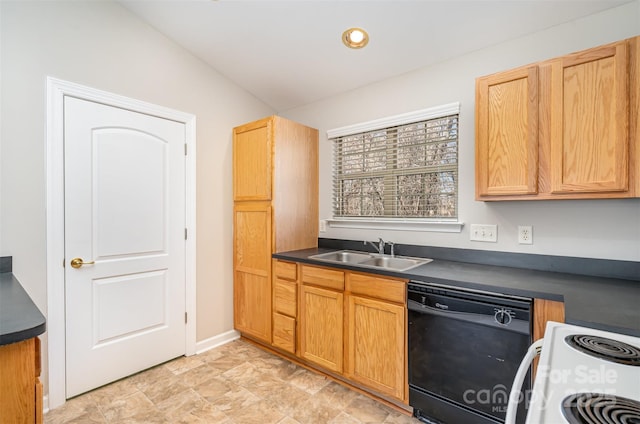 kitchen featuring electric range, dishwasher, sink, and vaulted ceiling