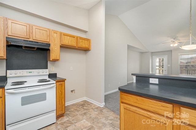 kitchen featuring white electric range, vaulted ceiling, ceiling fan, and pendant lighting