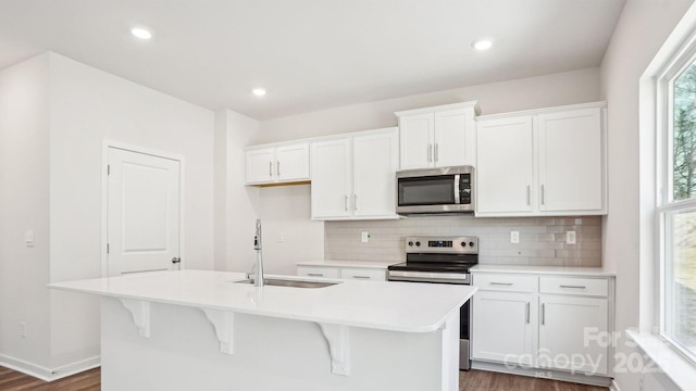 kitchen with stainless steel appliances, backsplash, a sink, and a center island with sink