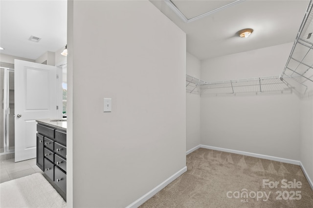 spacious closet featuring light colored carpet