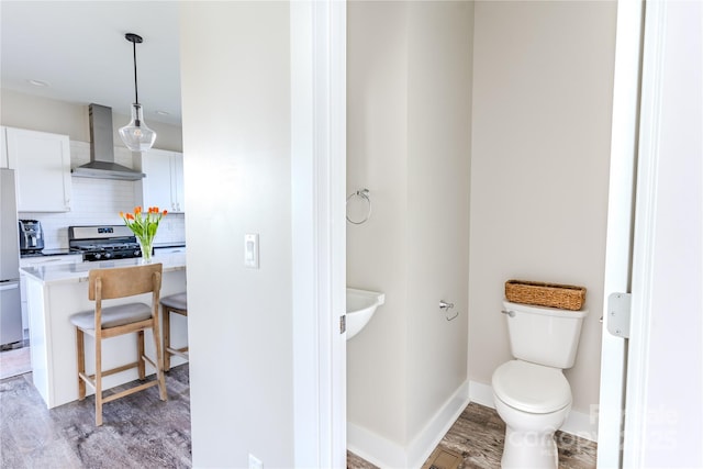 bathroom featuring tasteful backsplash, wood-type flooring, and toilet