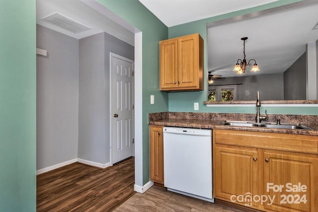 kitchen featuring dishwasher, sink, dark hardwood / wood-style flooring, decorative light fixtures, and ceiling fan with notable chandelier