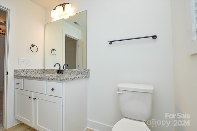 bathroom with vanity, toilet, and wood-type flooring