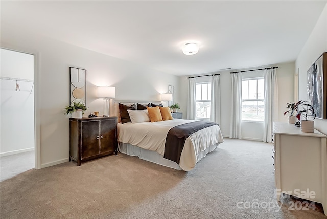 bedroom featuring a walk in closet, light colored carpet, and a closet