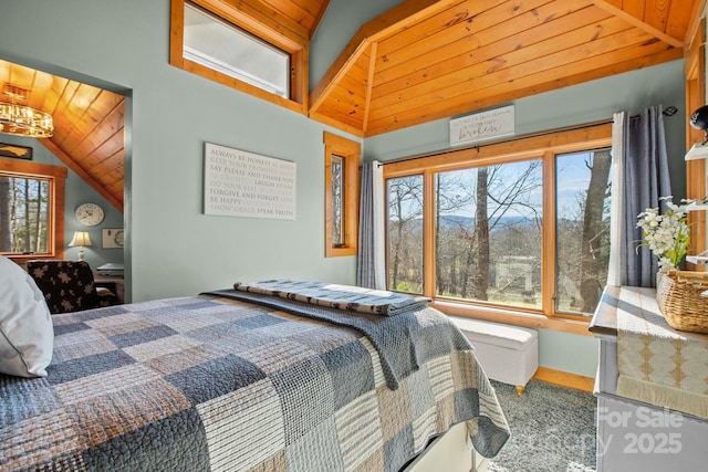 bedroom featuring wood ceiling and lofted ceiling