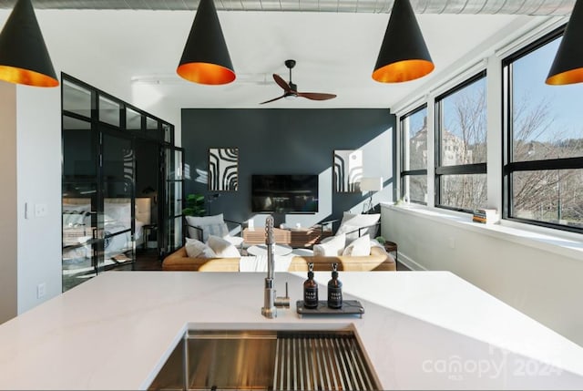 kitchen with ceiling fan and hardwood / wood-style floors