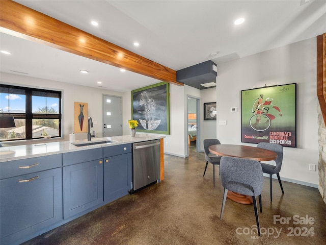 kitchen featuring sink, beamed ceiling, stainless steel dishwasher, and blue cabinets