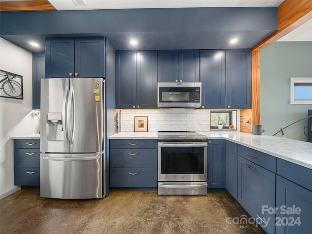 kitchen featuring blue cabinetry, decorative backsplash, light stone countertops, and stainless steel appliances