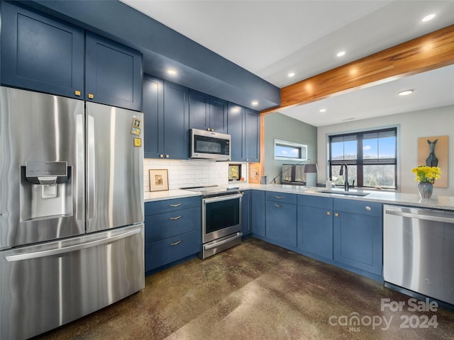 kitchen featuring blue cabinetry, decorative backsplash, sink, and stainless steel appliances